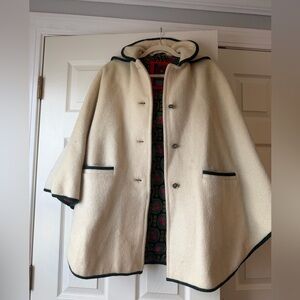 Vintage Loden King Alpine Lodencoat Cream Hooded Cape or Poncho with Green Trim